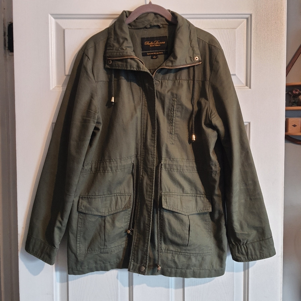 Bella Donna L‎ Olive Green Cinched Waist Zip Up Lightweight Jacket 100% Cotton